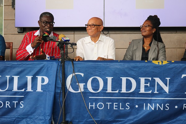 The President of the Ghana Golf Association, Mike Aggrey (left) addressing the launch, with him are Justice Emile Short and Special Advisor at the Ministry of Business Development (Office of the President), Afua Asabea Asare.
