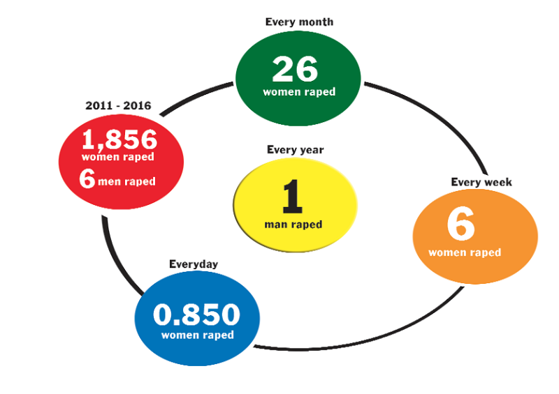 More women suffer rape aAn infograph showing statistics on rape cases from 2011 to 2016nd assault