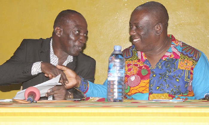 Mr Samuel Ntow (right) congratulating Dr Robert Okyne (left), Executive Director of EDMAT, after launching the new training modules. PIcture: Benedict Obuobi