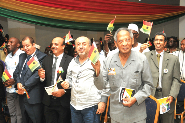  Prof Francis Nkrumah (right), first son of Osagyefo Dr Kwame Nkrumah, Ambassador Ibrahim Omar, (second right) former Palestinian Ambassador to Ghana and some members of the diplomatic corps singing solidarity songs