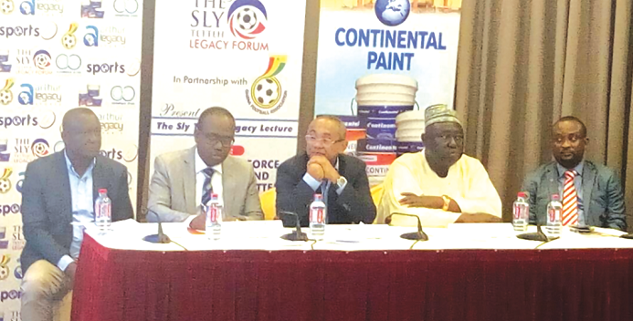 Gurus gather at Legacy Forum: From left Felix Ansong (President, Liberty Professionals), Kwesi Nyantakyi, CAF President, Dr Ahmad Ahmad, Lepowura Alhaji M.N.D Jawula and Pius Enam Hadzide, Deputy Hadzide