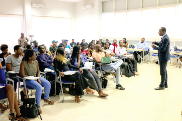 Mr Mensah talking to students on entrepreneurship at the Ashesi University