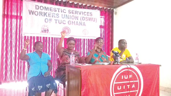 Mrs Esther Kosi (2nd right), General Secretary of Domestic Services Workers Union, speaking at the press conference. Looking on are Mr Sakyi Patrick  (right), Trustee, Mrs Eva Attakpah (2nd left), Chairperson, and Mrs Cecilia Dary (left), 1st Trustee. 