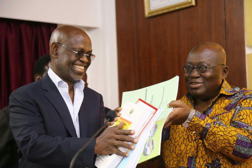 Professor Kwesi Botchwey presenting the presenting the draft National Development Plan to President Akufo-Addo. PICTURE BY SAMUEL TEI ADANO