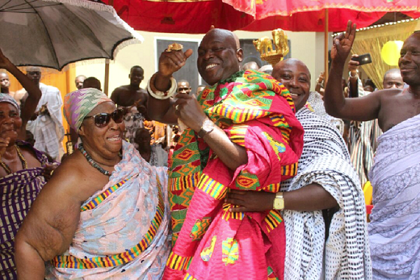 Omanhene of Akwamu Traditional Area, Odeneho Kwafo Akoto and Queen Mother, Nana Afrakomah II dancing at the launch.