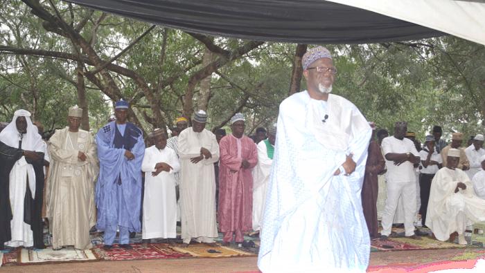 Alhaji Maulvi Mohammed Bin Salih, Ameer and Missionary in charge of the Ahmadiyya Muslim Mission in Ghana, leading a prayer session at the Eid-ul-Adha celebration at Ashongman in Accra