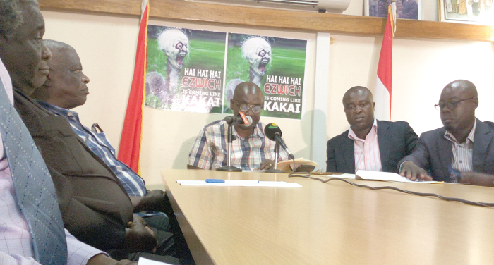  Mr Isaac Bampoe-Addo (head of table) addressing the media, with him are some officials of CLOGSAG