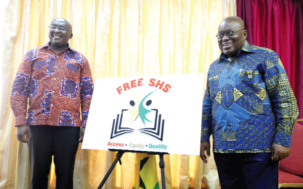 President Akufo-Addo and Vice President Mahamudu Bawumia in a pose for the cameras with the Free SHS Logo at the Flagstaff House. Picture: SAMUEL TEI ADANO