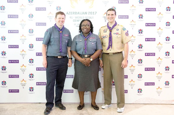 Madam Jemima Nartemle Nartey (middle) with two other scout members at the Azerbaijan 2017 conference 