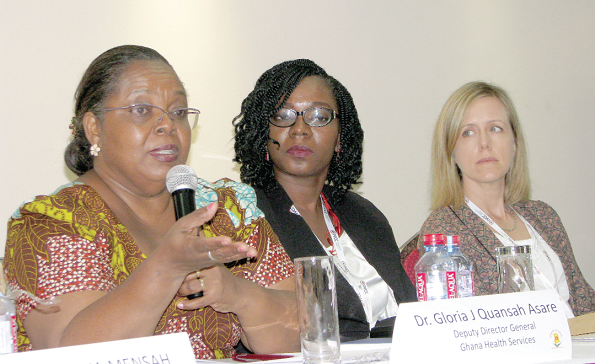 Dr Gloria J Quansah (left), Deputy Director General of Ghana Health Services making a contribution at the function. With her are Dr Keziah L. Malm (middle), National Malaria Control Programme and Ms Alexandra Cameron(right), Unitaid.Picture:ESTHER ADJEI