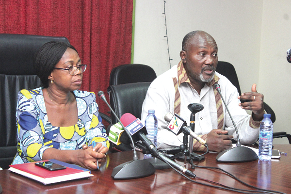 Mr Robert Ankobea (right), Chief Director, Ministry of Food and Agriculture, and  Dr Felicia Ansah-Amprofi briefing the press. Picture: BENEDICT OBUOBI