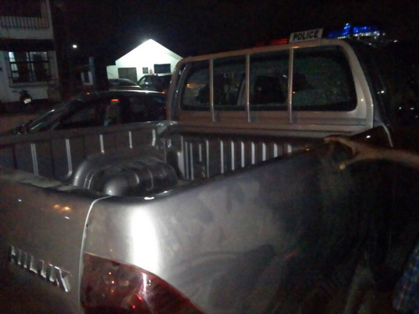 One of the damaged police vehicles 