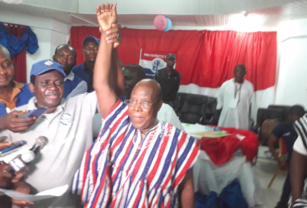 Mr Saanbaye Basilide Kangberee (hand raised), after he had been elected the new UWR NPP Chairman.
