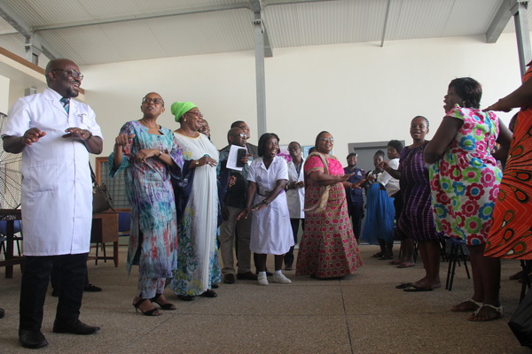 Dr Matshidiso Moeti (2nd left), WHO Regional Director, Africa Region, Dr Kennedy Brightson (left), Medical Superintendent, Shai-Osudoku District Hospital, Ms Tina Mensah (3rd left), Deputy Minister of Health and other dignitaries join some pregnant women in a dance during a visit to the pregnancy school at the hospital. 