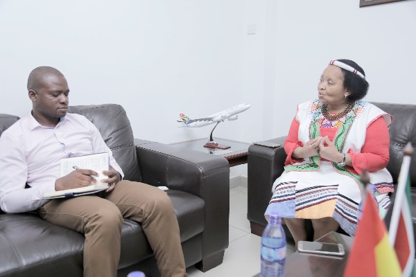 Ms Lulu Xingwana (right), South African High Commissioner to Ghana, speaking to Mr Seth Kwame Bokpe (left), reporter, Daily Graphic.