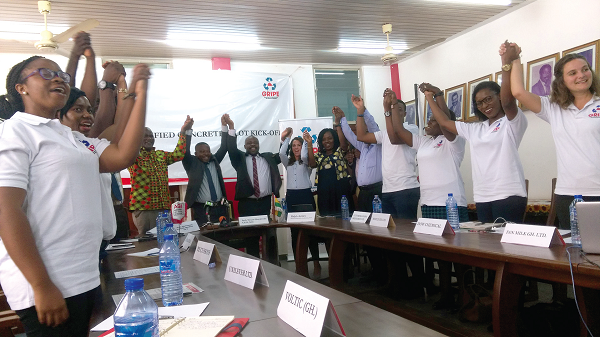 Members of the AGI and representatives of GRIPE jointly raise their hands to launch the project