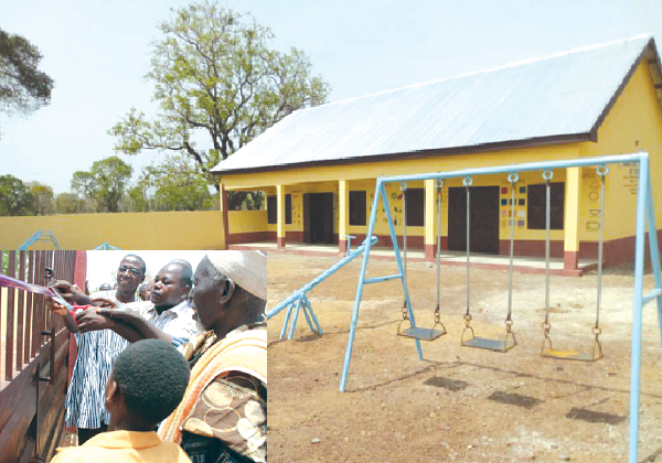 The new facility. Inset: Rev. Imoro (in smock) being assisted by other dignitaries to cut the tape to inaugurate the facility.