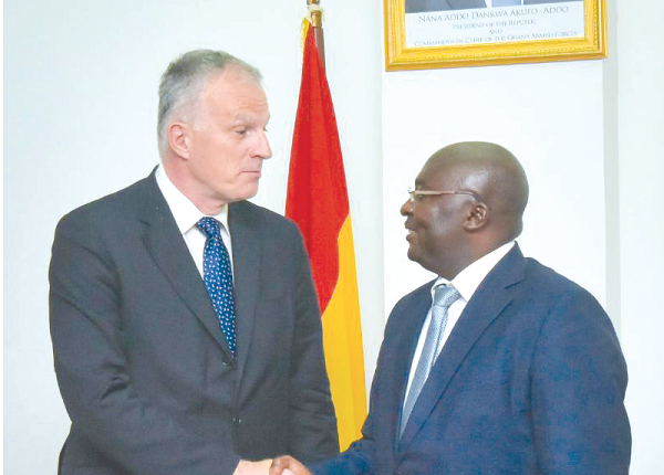 Dr Mahamadu Bawumia welcoming Dr Christof Mascher (left) to his office at the Jubilee House in Accra