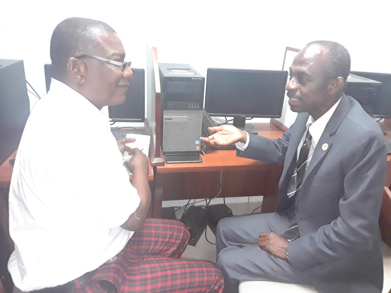 Mr Asiedu Nketia (right), the General Secretary of the NDC explaining a point to Mr Kobby Asmah, Political Editor, Daily Graphic. Picture: VICTOR KWAWUKUME