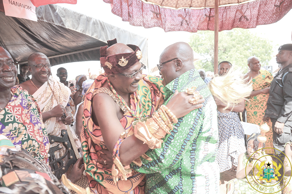 President Nana Addo Dankwa Akufo-Addo in a hug  with the Beposohene, Nana Boamah Kwabi IV