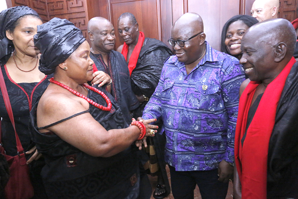 President Nana Addo Dankwa Akufo-Addo shaking hands with Nana Korlekuor Adjado III (left), the acting President of the Yilo  Krobo Traditional Council.   Picture: Samuel Tei Adano