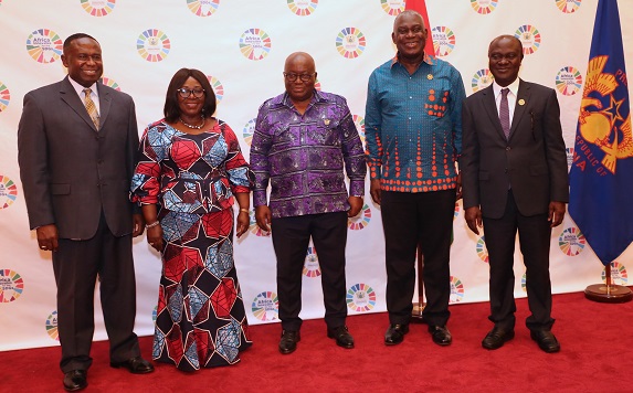 From left to right: Joe Mensah, CEO Kosmos Energy, Akosua Frema Osei-Opare,Chief of staff at the Presidency of Ghana,Nana Addo Dangkwa Akufo-Addo, President of Ghana, Eugene Owusu, Special Advisor to the President on the SDGs and Professor George Gyan-Baffour, Minister for Planning, Ghana gather at the launch of Africa Innovates for the SDGs