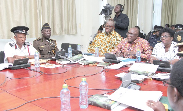 Mr Ambrose Dery (3rd left), Minister of the Interior answering questions when he appeared before the Public Accounts Committee. With him is Mrs Adlaide Anno-Kumi, Chief Director of the Ministry, Mr Henry Quartey, Deputy Interior Minister and Mr Patrick Darko Missah (left), Director, Ghana Prison Service. Picture: Benedict Obuobi