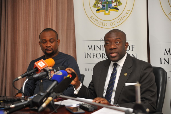 Mr Kojo Oppong-Nkrumah, the Minister of Information designate addressing the press conference in Accra yesterday. On his right is Mr Pius Enam Hadzide, a Deputy Minister of Information 
