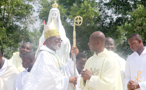  Archbishop Charles Gabriel Palmer-Buckle (left), Archbishop of Cape Coast, in an interaction with Rev Father Richard Ayivi-Aziati, Director of Archbishop Dominic Andoh Catechetical Centre. Picture: Maxwell Ocloo