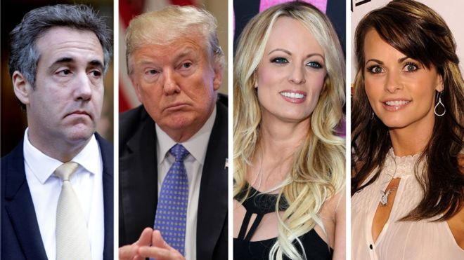 From left: Michael Cohen, Donald Trump, Stormy Daniels and Karen McDougal