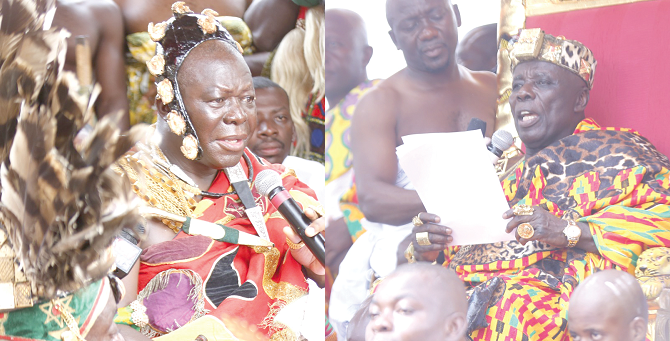 Otumfuo Osei Tutu II (right) and Osagyefuo Amoatia Ofori Panin speaking at the durbar. Pictures: SAMUEL TEI ADANO &amp; EMMANUEL ASAMOAH ADDAI