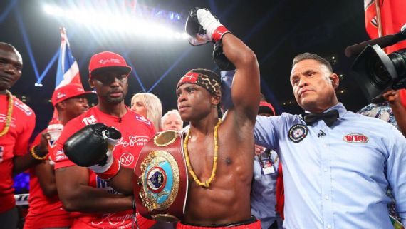 Isaac Dogboe retains his junior featherweight world title with a TKO victory over Hidenori Otake in the first round. Photo by Mikey Williams/Top Rank (ESPN)