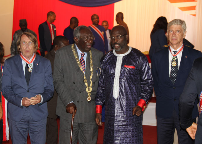 Also honoured at the ceremony alongside former President Kufuor were Sir Arsene Charles Ernest Wenger (extreme right), former manager of Arsenal Football Club and Claude Marie Francois Le Roy (left), coach of the Togolese National Team