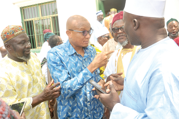 Dr Mustapha Abdul-Hamid interating with some of the Zongo Chiefs at the Abossey Okai Central Mosque. picture: EBOW HANSON
