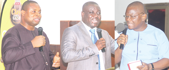 From right: Mr Franklin Cudjoe, the Founding President, IMANI Africa; Mr Isaac Adongo, the MP for Bolgatanga Central, and Sylvester Mensah, Flag-bearer aspirant of NDC, sharing a point at the forum 