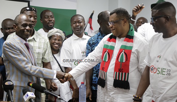 Mr Johnson Asiedu Nketia (left), General Secretary, NDC, exchanging pleasantries with Mr Augustus Goosie Tanoh (2nd right) after declaring his intention to the party. Picture: EMMANUEL ASAMOAH ADDAI 