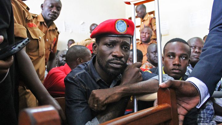 Uganda's popular musician-turned-politician Bobi Wine appeared in court on Monday with crutches