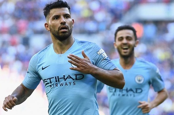 Aguero celebrates scoring his side's second goal at Wembley