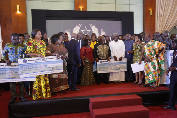 President Nana Addo Dankwa Akufo-Addo with the award winners of the National Entrepreneurial Innovation Plan at a ceremony in Accra. Picture: SAMUEL TEI ADANO