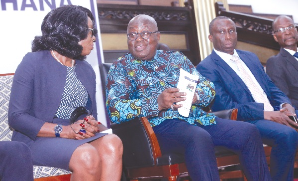President Akufo-Addo interacting with Ms Gloria Akuffo (left), the Attorney General and Minister of Justice at the ceremony.  Looking on is Prof.  Francis  Doodoo (extreme right),  Provost, UG 