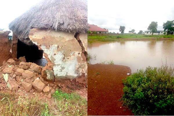 Left: One of the mud houses destroyed by the rain Right: The downpour flooded some parts of the community