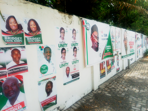 Posters of some constestants at the regional office of the party