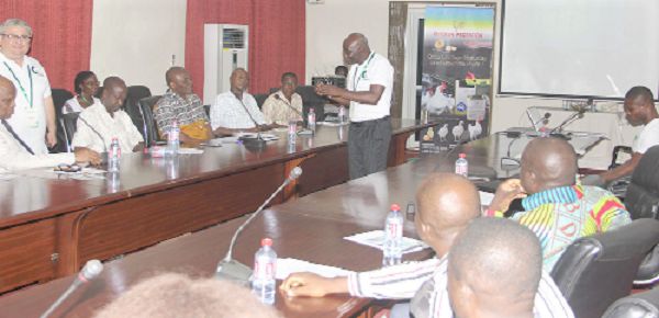 Mr Anthony Nsoh Akunzule, former Deputy Director of Veterinary Services, making a presentation at the seminar and launch of Chicken Protector. Picture: Maxwell Ocloo