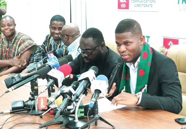 Mr Sammy Gyamfi (right), the National Communications Director of the NDC, addressing the press. To his right are Mr Peter Boamah Otokonor, the Deputy General Secretary of NDC and other party officials.
