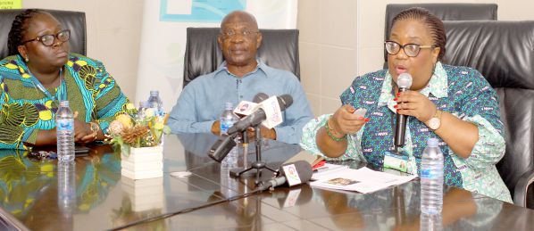 Dr Lydia Dsane-Selbi (right), Deputy CEO, Operations - NHIS explains the procedure at the press briefing. Those with are her Mrs Yaa Pokuaa Baiden (left), Deputy CEO, Administration & HR - NHIS and Prof. Yaw Adu Gyamfi (middle), Board Chairman - NHIS. Picture: NII MARTEY M. BOTCHWAY