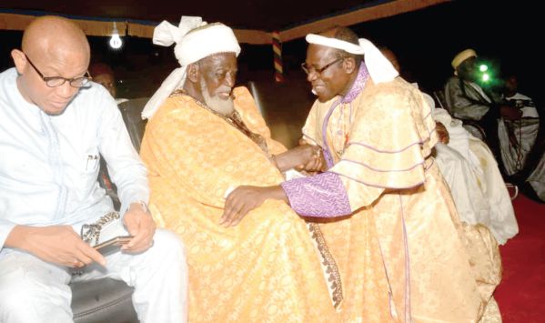  Nakoa Nazareth Ansah Jamson (right) exchanging pleasantries with the National Chief Imam, Sheikh Osman Nuhu Sharubutu. Seated left is the Minister for Inner City and Zongo Development, Mustapha Abdul-Hamid 