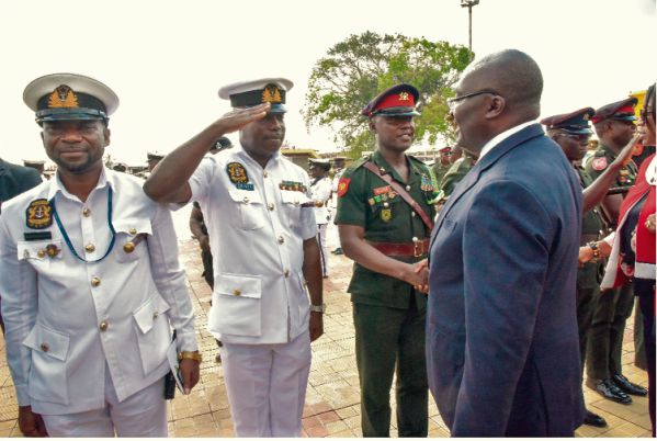 Vice-President Bawumia exchanging pleasantries with the troops from the Ghana Navy during the parade