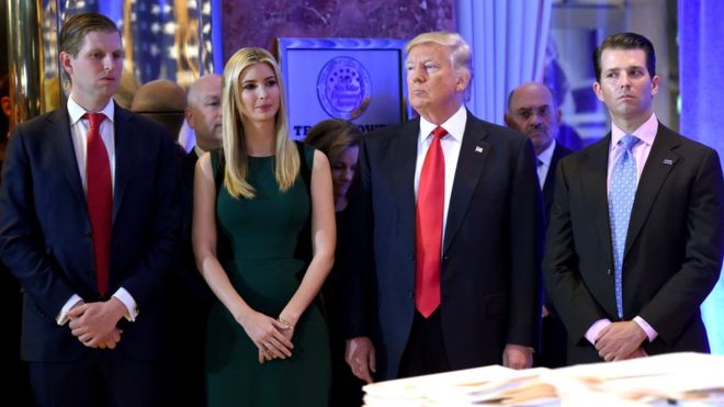 Image copyrightAFP Image caption Mr Trump and his three eldest children are accused of using it for private and political gain