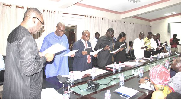 Dr Matthew Opoku Prempeh (back to camera), Minister of Education, inaugurating the Governing Council of the Cape Coast Technical University. Picture: Maxwell Ocloo