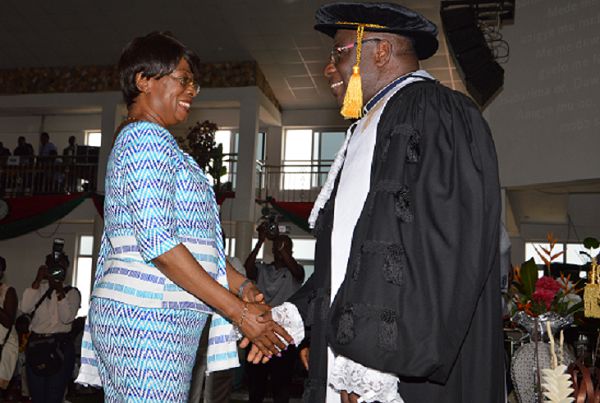  Chief Justice Sophia Akuffo congratulating the newly inducted Moderator, Rt Rev. Prof. J.O.Y. Mante